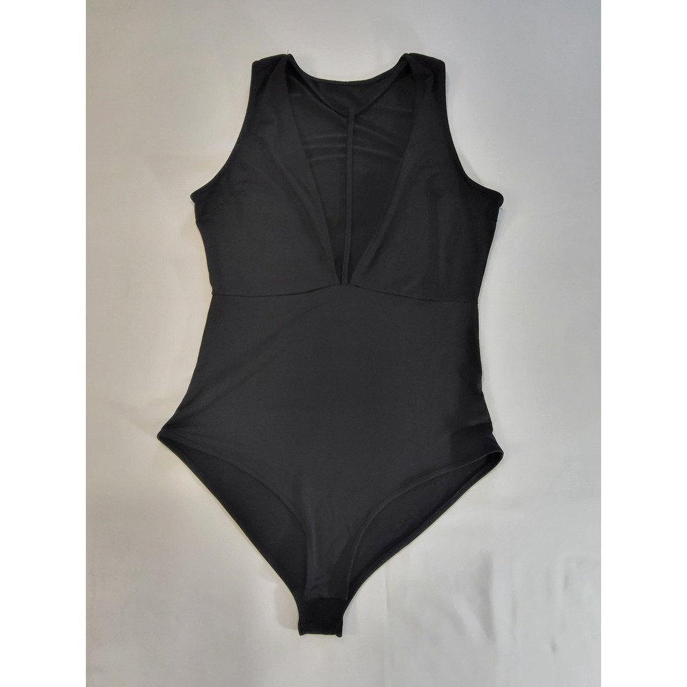 Black Deep V-Neck Sleeveless Bodysuit with Center Strap Detail Size Large